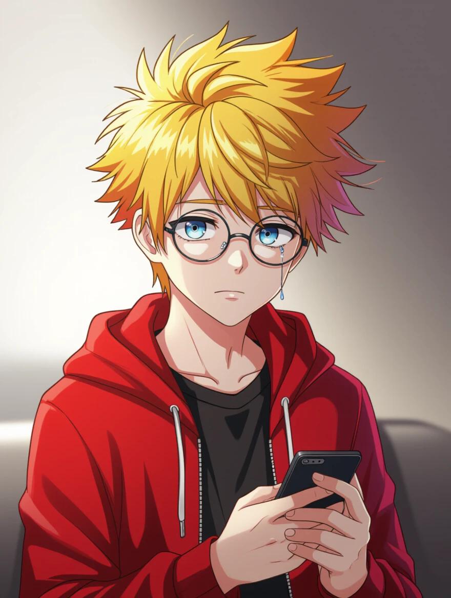 Anime style portrait of a young man with spiky yellow hair wearing a red hoodie over a black shirt. Character holds a phone in hand. Expressive face shows a single tear and watery eyes. Slumped posture under dramatic lighting with a cartoon background.