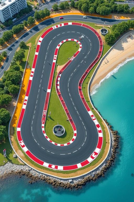 Aerial view of the Harbourfront Circuit. The circuit shows vibrant colors with a detailed layout. It features winding turns and straight sections near the city harbor.