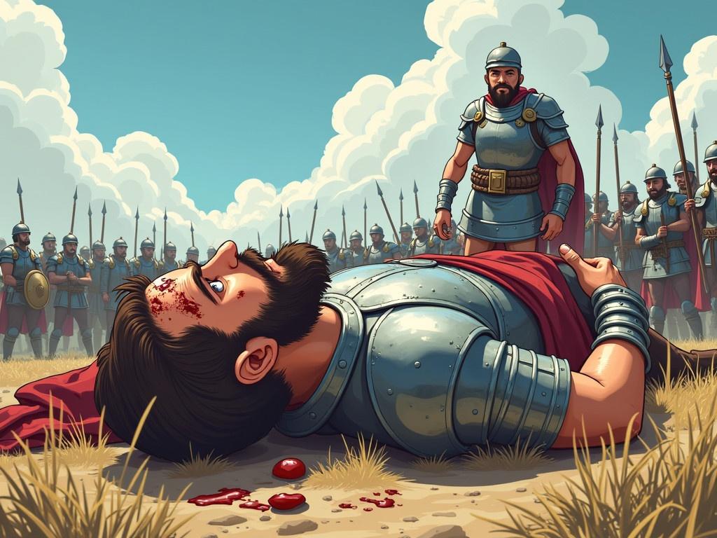 A wide shot cartoon illustration depicting a towering Goliath lying on his back on a battlefield. His gleaming steel-colored armor is highly detailed, showcasing the craftsmanship of the design. Blood is seen on his forehead, indicating he has sustained injuries during the battle. Shock is etched on his face, revealing his surprise at the turn of events. In the background, soldiers stand with weapons, overseen by the fallen giant. The clouds in the sky add a dramatic effect, enhancing the intensity of the scene.