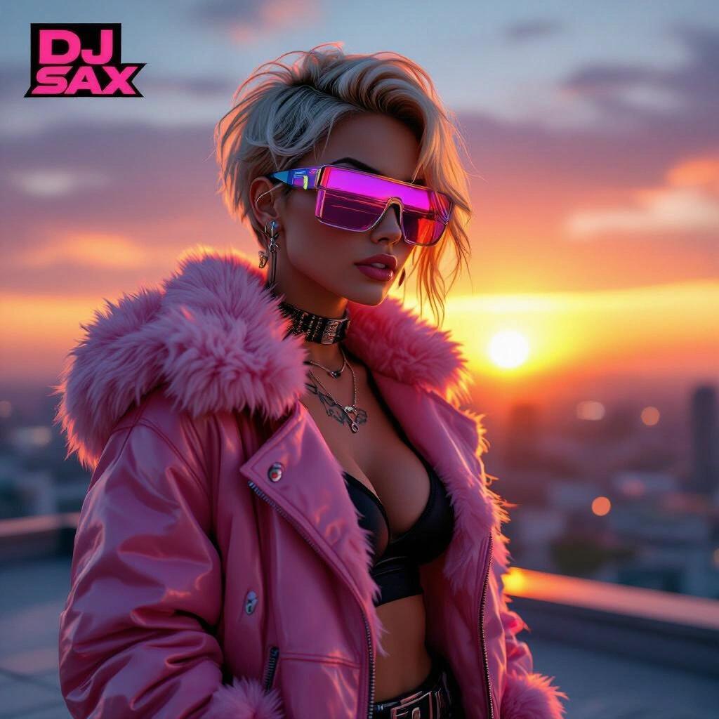 Album cover featuring a cute blonde cyberpunk gangster with short hair. She wears futuristic sunglasses and a half-open fluffy pink jacket. The background showcases a colorful sunset from a rooftop penthouse suite. The text DJ SAX is displayed prominently.