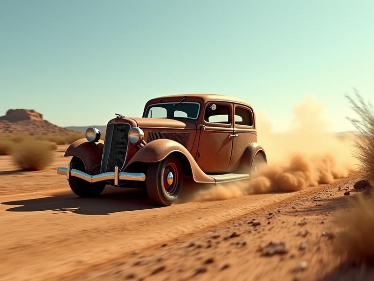 Vintage rusty car races on dirt road in desert landscape. Dust swirls around tires. Bright sunlight highlights scene. Car shows signs of wear but retains classic charm.