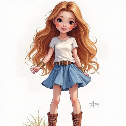 A girl with long hair wearing a t-shirt and skirt. The character appears cheerful with a fashionable casual style. She wears boots and stands confidently, showcasing a fun and youthful persona.