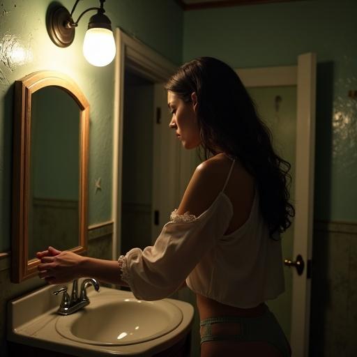 Young woman in a cramped bathroom adjusting lingerie. She stands by a cracked mirror in a dimly lit space. Silk blouse torn at the shoulder. Moisture visible on skin.