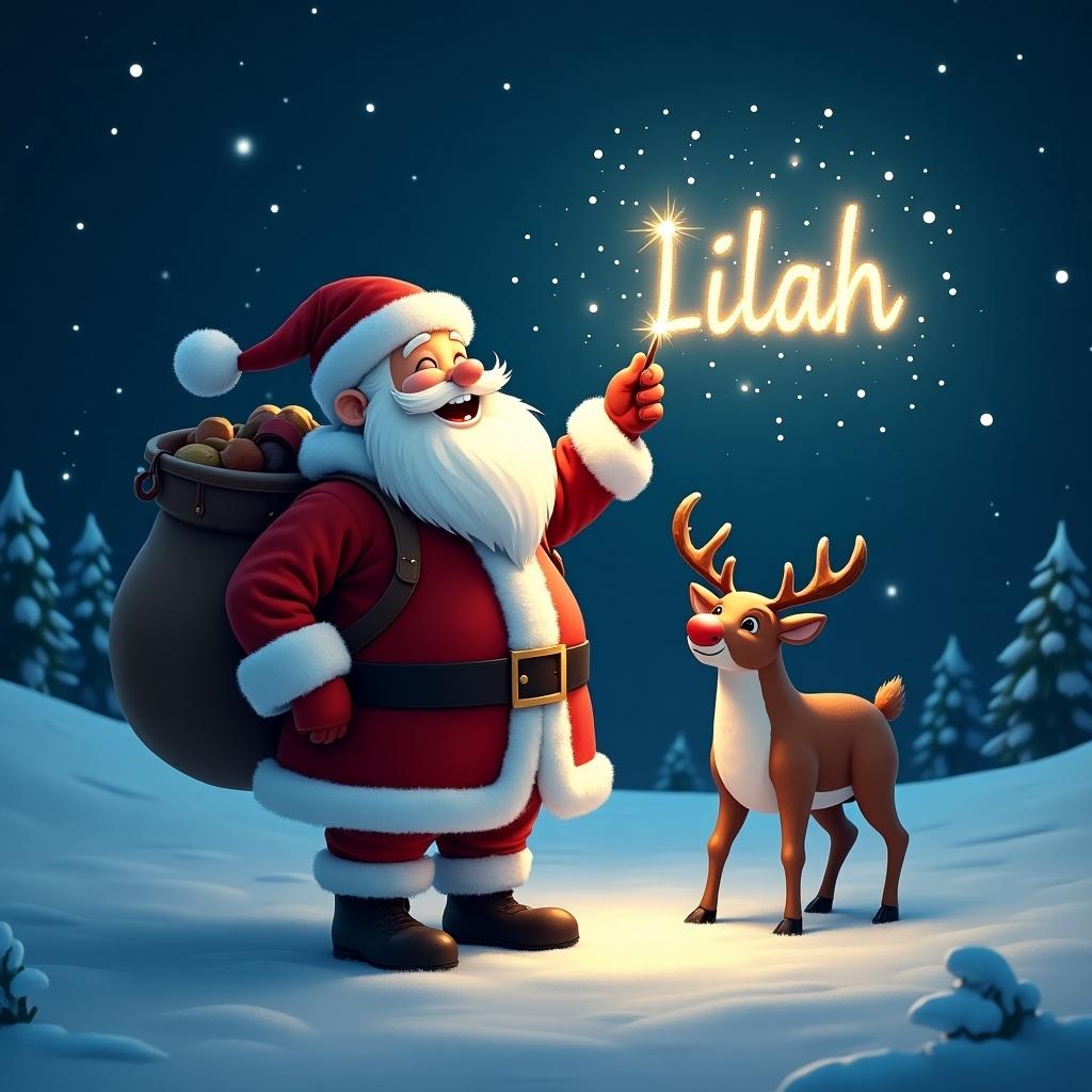 Image features Santa in the snow at night. Light from stars and moon creates a magical atmosphere. Santa is drawing the name Lilah in the air using a glowing wand. A reindeer stands beside him. Scene conveys festive joy.