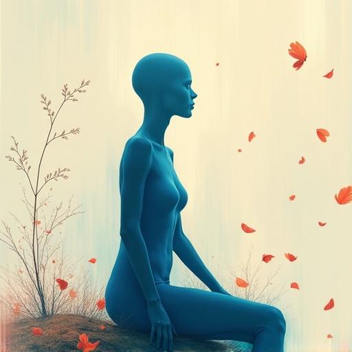 Bald minimalist figure in blue sitting high in the center. Petals fall around. Dreamlike and colorful composition. Contemporary digital painting featuring abstract forms and textured brushwork.