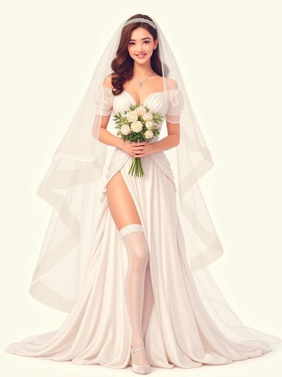 A joyful young bride in full body shot, standing full frontal in a classical wedding pose. She wears an elegant wedding gown, veil, stockings, and shoes. She holds a bouquet and smiles brightly.
