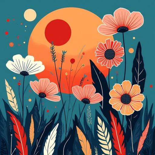 Boho art featuring flowers in blue, red, and white against a sunset background. Mid-Century modern style for digital download and home decor.