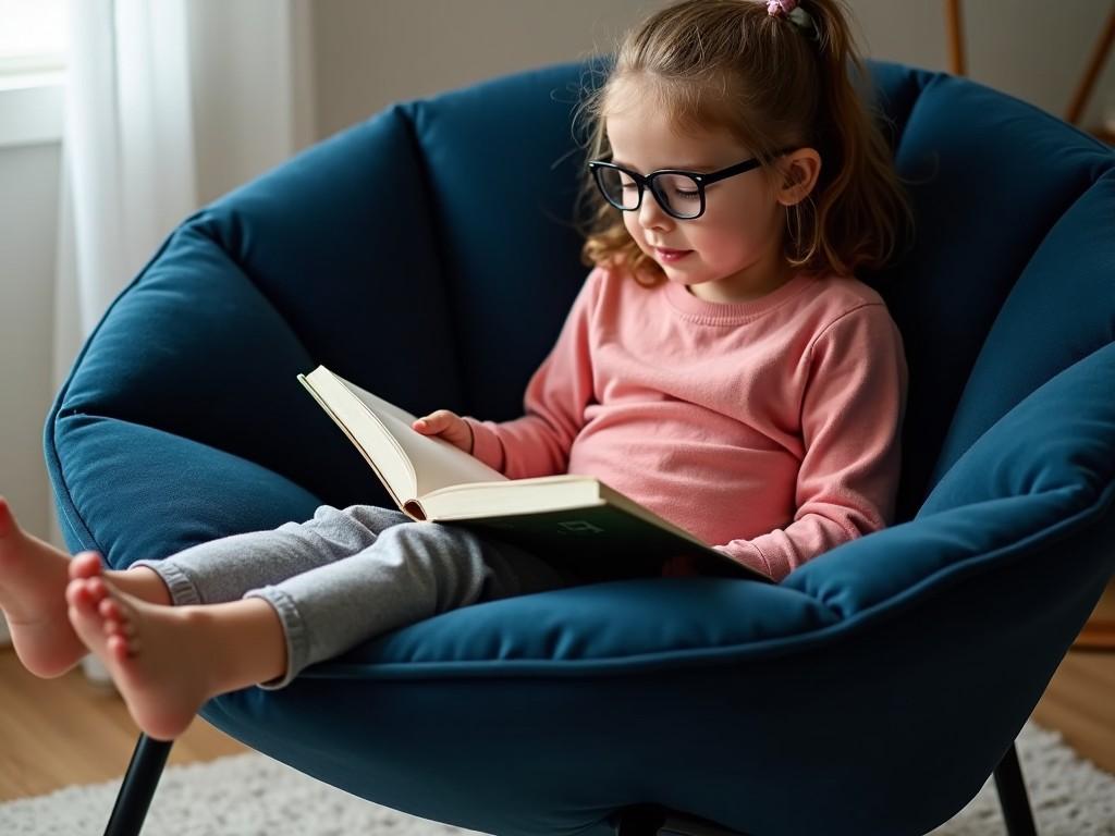 A little girl wearing glasses is sitting in a dark blue chair, which is round and plush. She is comfortably reading a book in her lap, focused on the pages. Around her, there is a cozy atmosphere with soft lighting. The chair, featuring a sturdy metallic frame, complements her playful demeanor. The scene captures the joy of reading, making it a perfect moment in her day.