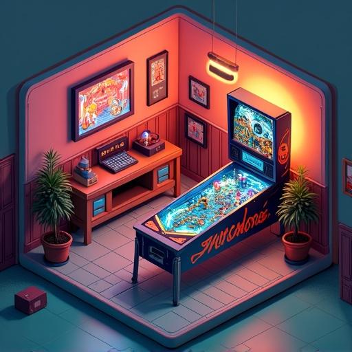 Pinball gaming room designed in isometric view. Features neon green and neon orange colors. Shows a pinball machine and a cozy setting.