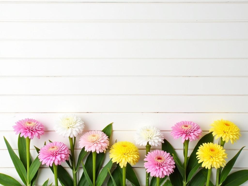 This image showcases a vibrant arrangement of flowers placed against a clean, white wooden backdrop. The flowers are primarily pastel colors, featuring shades of pink, white, and yellow blossoms. The blooms are round and fluffy, creating a cheerful and lively atmosphere. They are nestled among lush green leaves, adding depth and texture to the scene. The simplicity of the white background emphasizes the colorful flowers, making them stand out beautifully. This delightful display is perfect for spring or a cheerful garden setting.