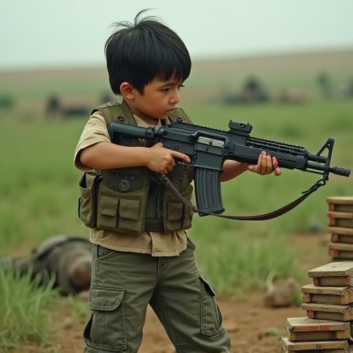 A 6 year old boy engages in a conflict scene. He holds a machine gun and looks determined. The environment is a green landscape with visible bodies. He has an injury but continues to fight. Nearby are stacked ammunition boxes.