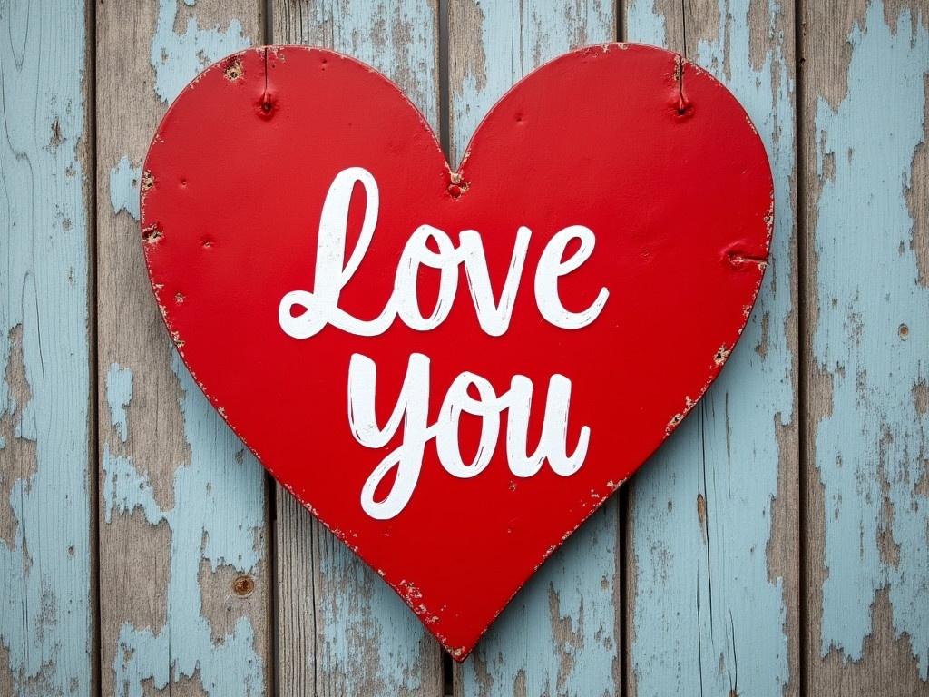 Create an image of a large, prominent heart shape. The heart should be painted in a vibrant red color and feature the phrase 'Love You' written inside it in an elegant, white cursive font. The background of the image should consist of weathered wooden planks with a mix of gray and light blue tones. The texture of the wood should be visibly rough, adding character to the overall design. The heart should slightly contrast with the background to make it stand out, symbolizing love and warmth.