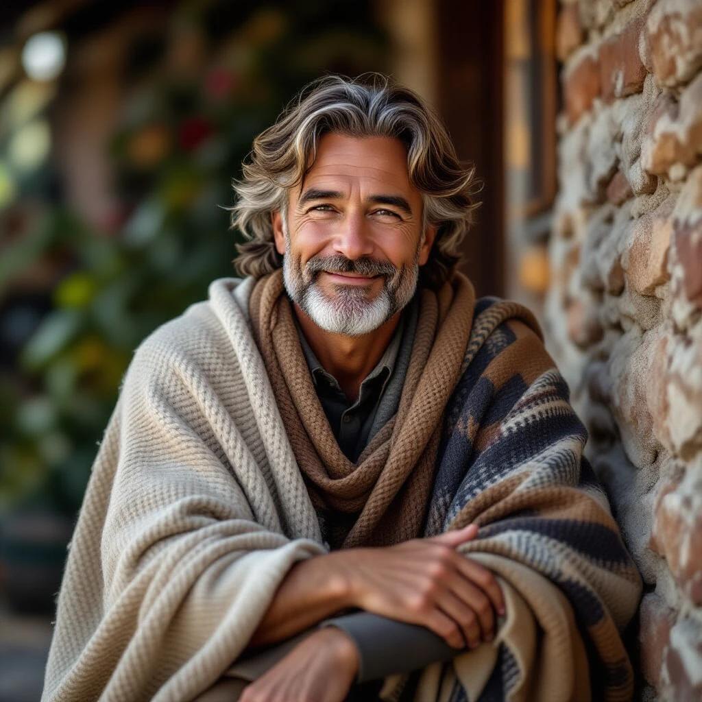 Individual wrapped in a cozy blanket. Calm atmosphere. Setting conveys tranquility. Person expresses reflection and inner peace. Ideal for themes of faith and resilience.
