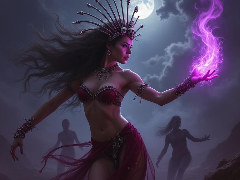 Beautiful dramatic powerful dark sorceress casting a purple swirling spell. Adorned with jeweled bracelets, headdress with skull centerpiece. Intricate jeweled bikini top and a flowing dirty red skirt. Dark misty background with human shapes. Small full moon in the sky.