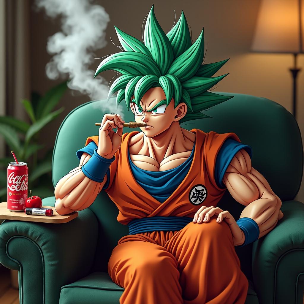 Goku in Super Saiyan form sitting on a plush couch. Enjoying a spliff with a rolling tray on the coffee table. Surrounding items include drinks and Dragon Ball Z symbols. Relaxed atmosphere with soft lighting.