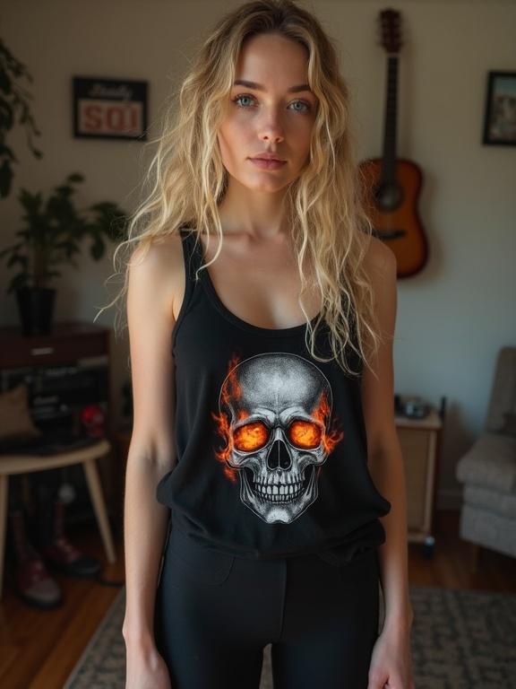 Eighteen-year-old blonde teenager with curly hair wearing a black tank top with skull print and fire in the eyes. She has blue eyes and a curvy body. Black leggings and red sneakers. Room decor includes a guitar on the wall.