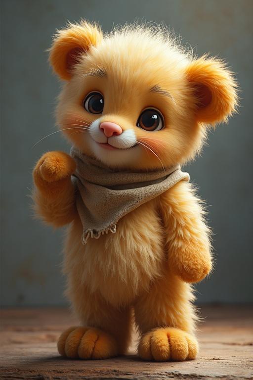 A cute animated bear character with fluffy yellow fur wearing a scarf. The bear has big expressive eyes and a friendly smile while standing on a wooden surface.