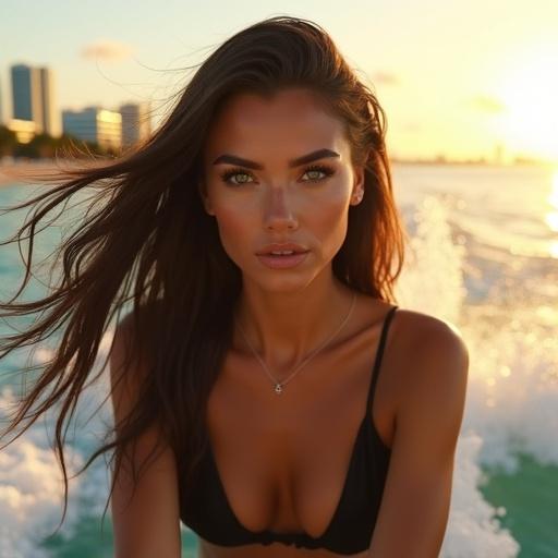 Ultra-realistic cinematic portrait of a beautiful woman on a jet ski off Miami Beach. Long dark brown hair flows in wind. Almond-shaped green eyes with fox eye lift. Thick defined brows framing her eyes. Glossed full lips with sculpted cupid's bow. Contoured cheekbones and sharp jawline. Radiant sun-kissed skin. Wearing a sleek black swimsuit. Ocean mist around her and Miami skyline in background.