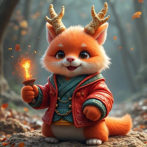 A cute creature with antlers holds a glowing object in a game-like forest. The background features trees and leaves. The creature has a plush appearance and wears vibrant clothing. The image evokes fantasy and adventure.