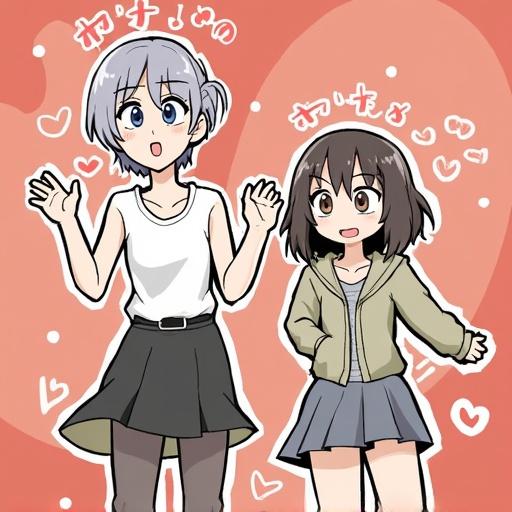 Anime-style illustration featuring two girls with distinct hairstyles and outfits. One girl has pink hair while the other has silver hair. They are joyfully interacting under a heart-adorned background.