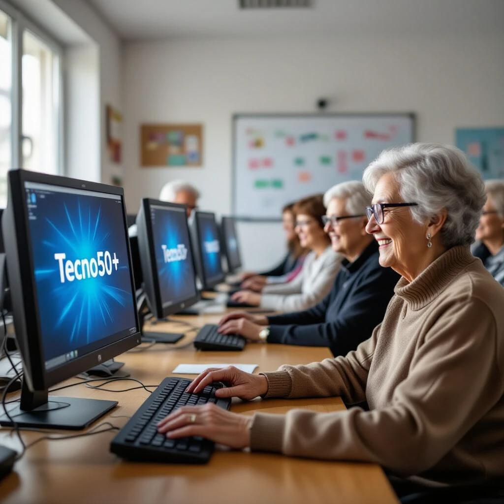Classroom environment featuring elderly adults attending a computer course. Multiple computers present with screens. Participants are engaged and typing. Atmosphere is positive and encouraging. Tecno50+ is displayed on the screens.