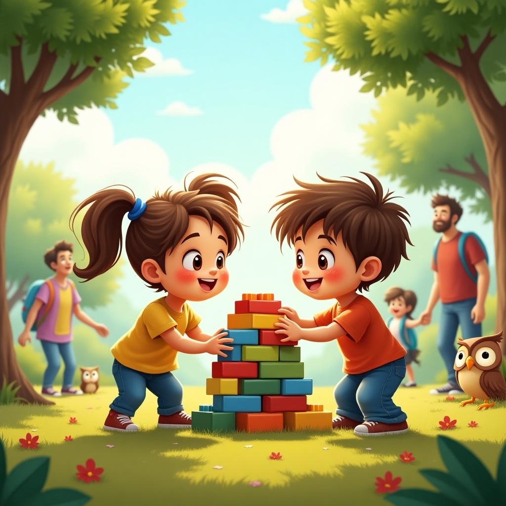 Children playing outside. Two kids building a tower with colorful blocks. Lush green trees in the background. Bright sunny day. Family-oriented atmosphere