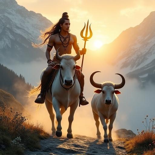 Image depicts Lord Mahadev Shiv riding Nandi the sacred bull. They traverse a misty Himalayan path at sunrise. Golden rays highlight their forms. Shiva holds a trishul. Nandi shows strength and loyalty. Background includes snow-capped mountains, flowing river, and wildflowers. A cosmic aura surrounds Shiva. Image has crisp details and dynamic energy. The overall atmosphere feels like a sacred and mythological masterpiece.
