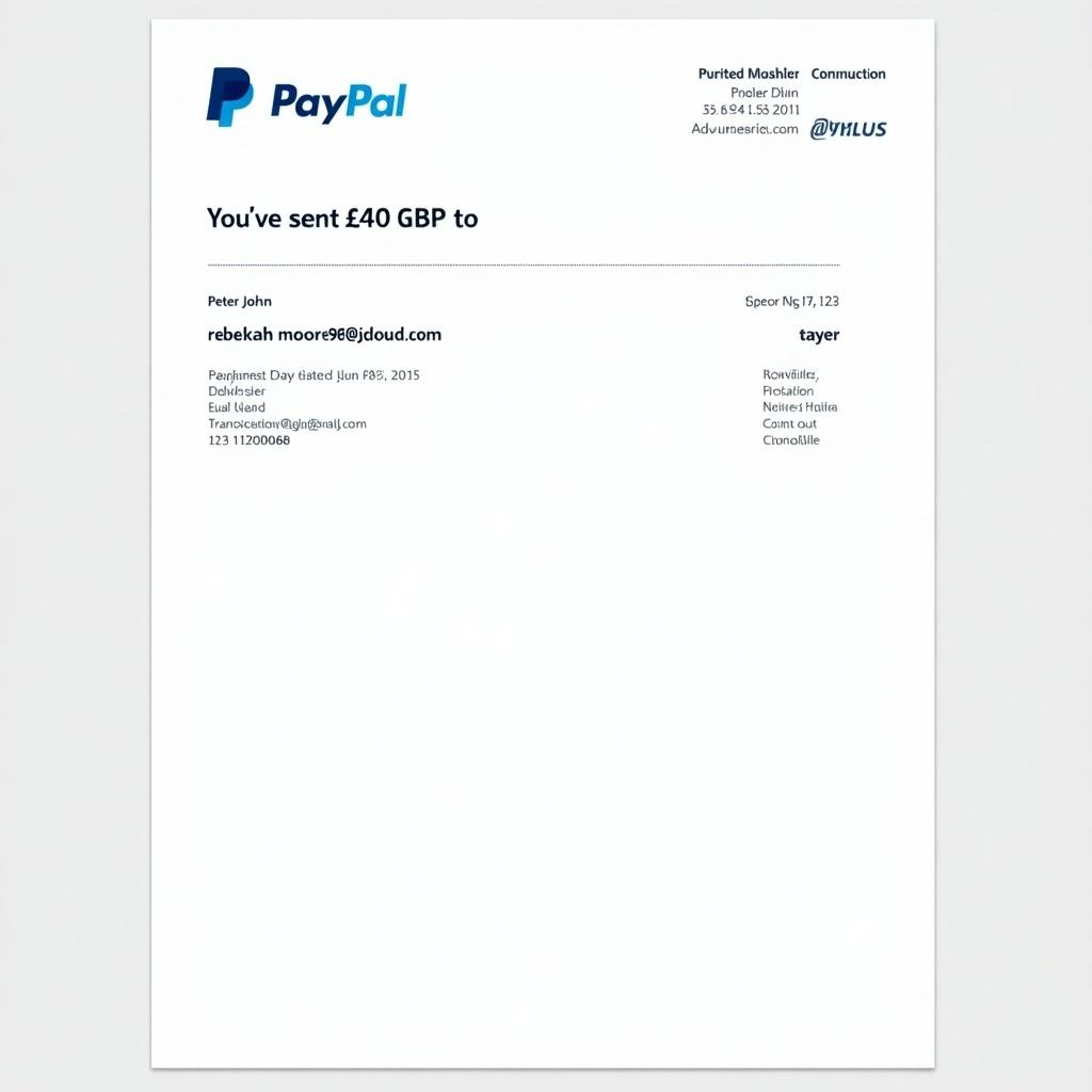 Document confirming payment of £40 to Peter John. Includes PayPal logo and key details like sender name, transaction amount, and email. Features a clean design common in online payment confirmations.