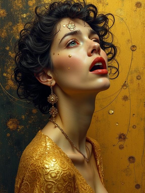 Stunning portrait of an actress in golden attire. Curly hair with ornate earrings. Expression of astonishment with wide eyes. Background with warm amber and gold tones. Textured patterns enhance the surreal quality. High detail and sharpness.