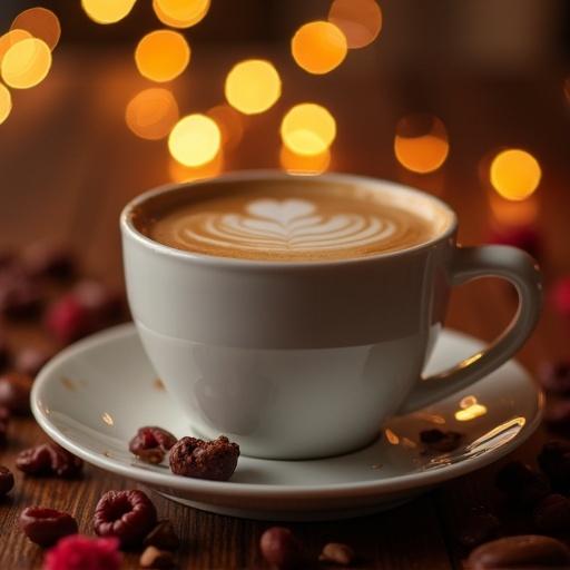 Cup of coffee on a saucer with latte art surrounded by coffee beans and soft glowing lights in the background.