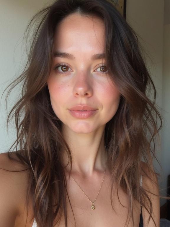 Snapchat photo featuring a woman with long wavy brown hair and a natural makeup look. Her expression is serene and inviting. The setting has soft light illuminating her features.