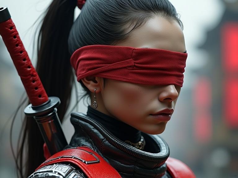 Detailed portrait of a blindfolded female cyborg ninja with a ponytail. She holds a katana. The design features intricate cyberpunk elements. The color scheme is silver and red. Realistic rendering is achieved with shallow depth of field. The composition uses studio lighting for a cinematic feel. The artwork showcases intricate cybernetics in high resolution.