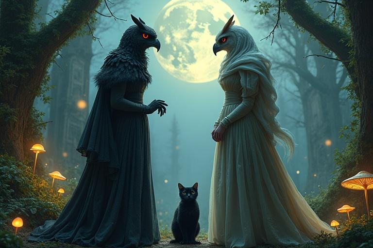 Two women with owl heads in Victorian gowns in a moonlit forest. They converse with a crow having a cat's head. Scene includes glowing mushrooms and ancient ruins. Atmosphere is magical and serene.