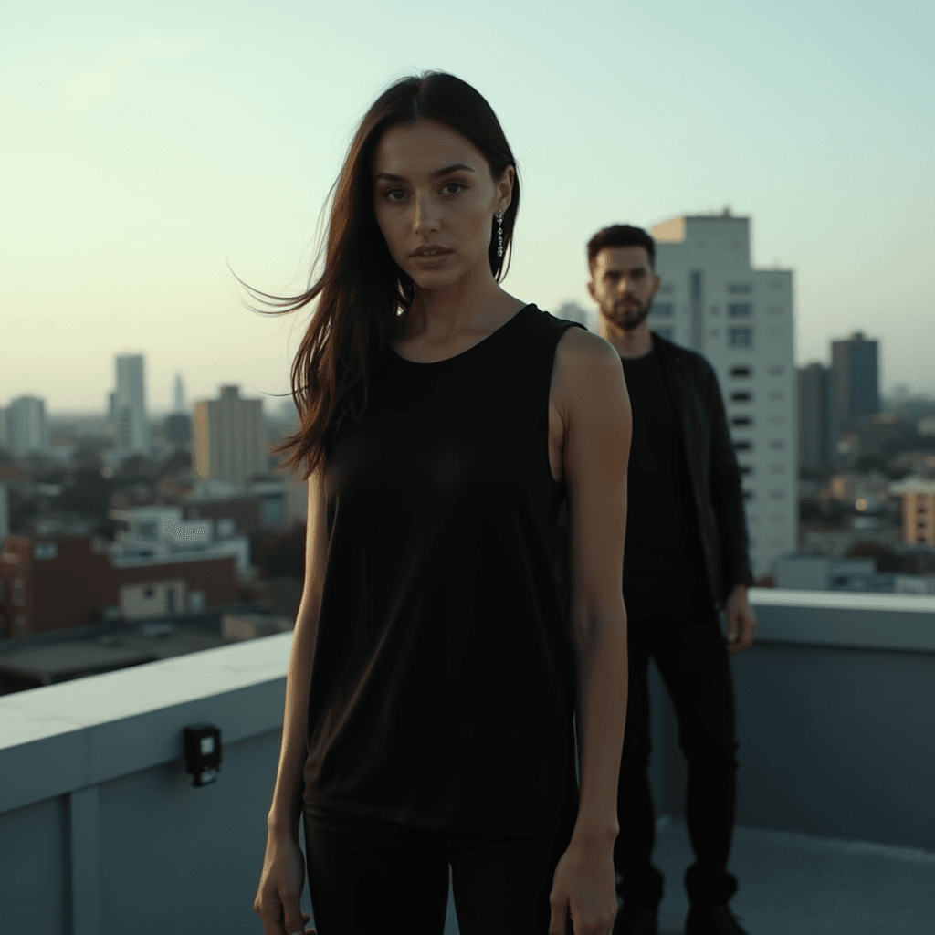 A woman in black stands on a rooftop with a cityscape in the background, as a man stands further behind her.