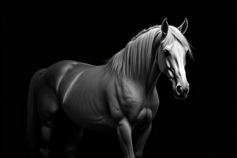 A gray horse can be born dark and gradually lighten with age. Color can range from almost black to white. Background is black.