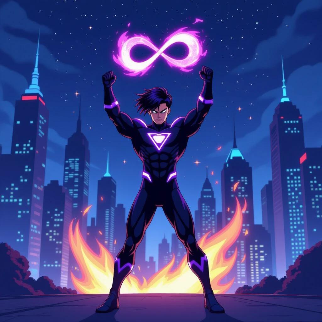 Hero poses dramatically in modern urban setting. Sleek black suit features glowing purple details. Infinity symbol shines on the chest. Surrounded by tall skyscrapers against starry sky. Flame-like energy aura creates a mystique. Scene is vibrant and colorful with cool city lights.