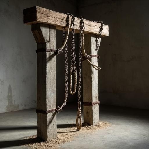 Haunting post-minimalist sculpture exploring power dynamics inspired by medieval restraint. Features weathered materials like oxidized chains, rough wooden beams, frayed hemp rope, and tarnished iron hardware. Composition suggests human form without depicting it. Photographed in dramatic chiaroscuro lighting with deep shadows, in a raw concrete gallery space. Influenced by Eva Hesse, Anselm Kiefer, Robert Mapplethorpe.
