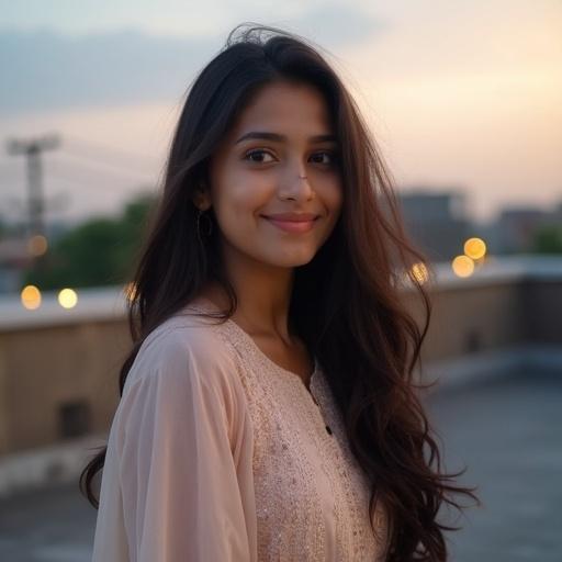 A romantic Bangladeshi girl stands under an evening sky. She wears a pastel traditional salwar kameez. Her hair flows long. Deep, expressive eyes convey care. A gentle smile hints at understanding silent pain. Slightly turned, searching for someone she loves. Background features a calm rooftop with fairy lights. The atmosphere feels serene, embodying love and strength.