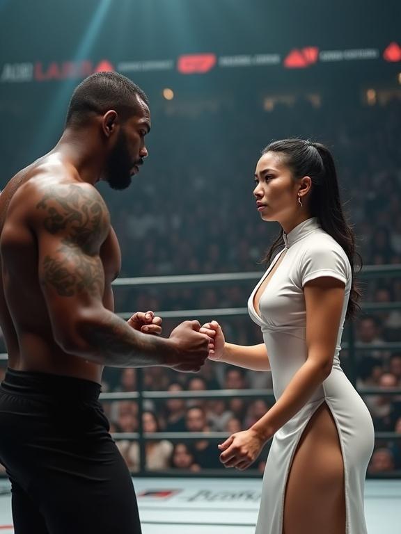 A man and woman face off in an MMA fighting arena. The man has dark skin with tattoos and a muscular build. The woman is Asian with a voluptuous figure in a qipao. Both fighters have serious expressions and fists raised in combat stance. The setting is a boxing ring with spectators and bright lights in the background.