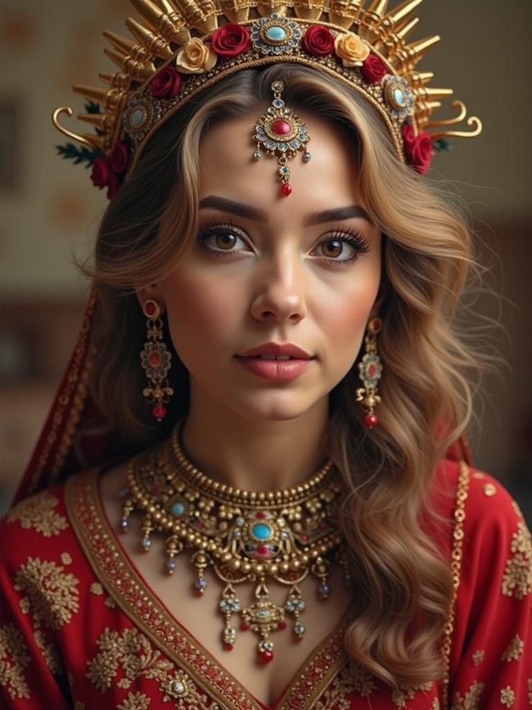 Portrait of a woman wearing traditional attire with a focus on jewelry. Rich red fabric and elaborate gold accessories are prominent.