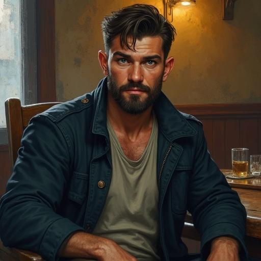 Portrait of a rugged half-elf man with short hair and beard. Vivid blue eyes and Greek-inspired facial structure. Casual posture in a tavern chair. Dark field jacket over a neutral shirt. Ambient tavern background with gritty, noir fantasy tone.