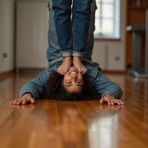 A smiling barefoot African woman wears jeans. She stands on the face of a friend. The friend lies down on a wooden floor. The floor reflects light. The mood is playful and light-hearted.