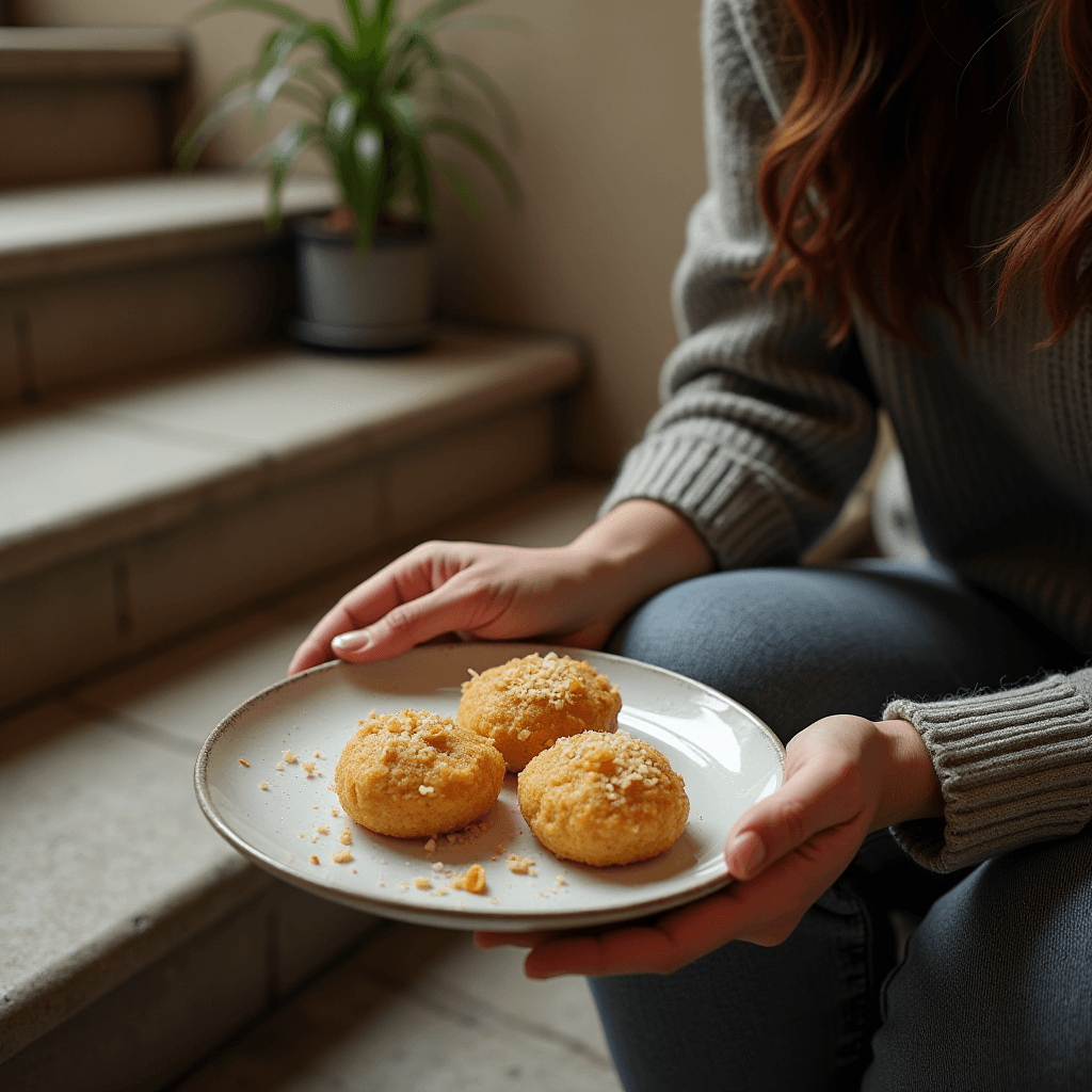 A person holds a plate with three crumbly cakes, sitting on stairs next to a potted plant.