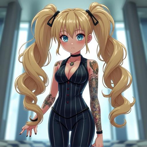 Anime character depicted wearing a professional pinstriped office dress. The character has extremely large light blonde curly pigtails. Tattooes are colorful and traditional Japanese style. The setting appears to be a modern and luxurious building lobby with a vending machine in the background.