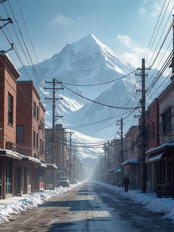 Photorealistic depiction of La Paz streets in winter. Show snow on the ground and buildings. Feature snowcapped mountains in the background contributing to a hostile environment.