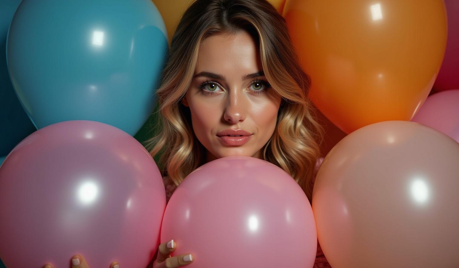 Portrait of a woman with striking green eyes and soft wavy hair. She is squeezing a giant balloon surrounded by colorful balloons. The lighting dramatically highlights her features.