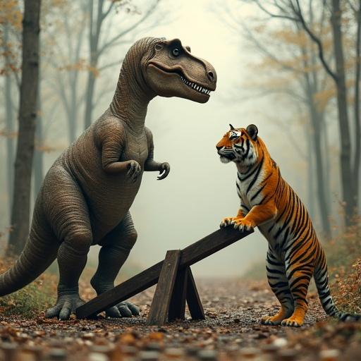 A dinosaur and a tiger stand on either side of a seesaw in a forest. The atmosphere is foggy with trees in the background. The characters appear playful and curious towards each other. The dinosaur is a T-Rex and the tiger features vivid orange and black stripes.