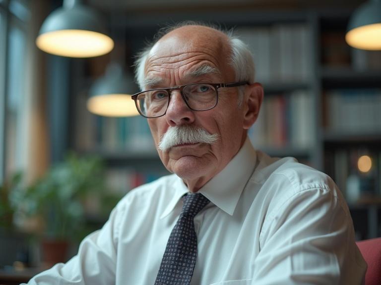 Amateur photo of a serious stocky elderly professor. Bald with a white mustache. Sitting in a bright office. Overhead lights illuminating the scene.