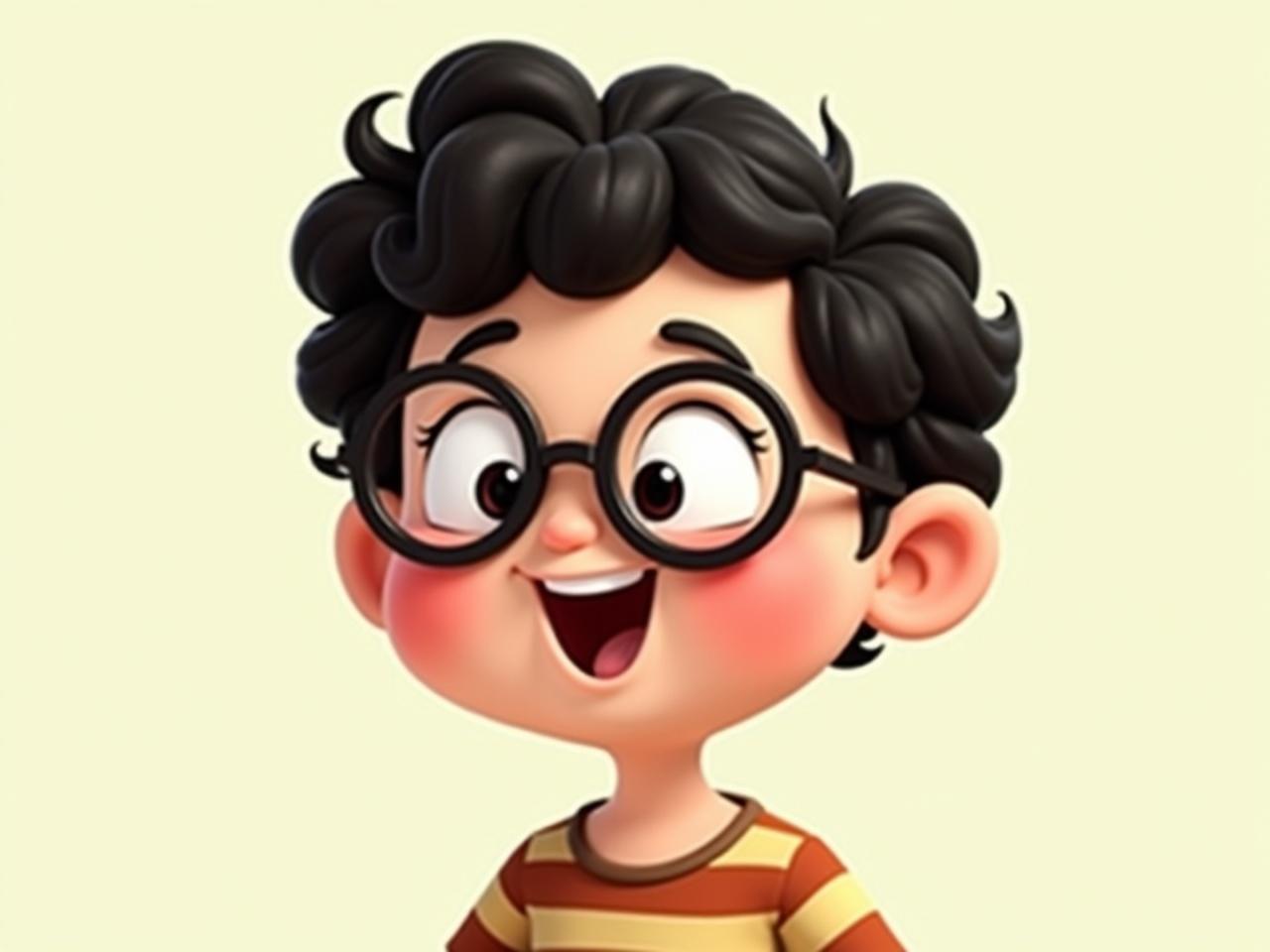 A smiling baby cartoon character is depicted. The baby has curly black hair and wears oversized round glasses. The character is cheerful, with a broad smile and rosy cheeks. There is a simple striped shirt design, similar to the original. The background is a light, cheerful color, enhancing the joyful expression of the baby.