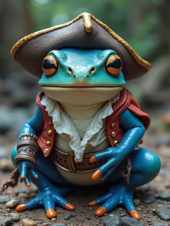 An anthropomorphic blue frog with a white belly dressed as a pirate. The frog has orange accents and wears a tricorn hat. It has a realistic appearance, suited for fantasy themes.